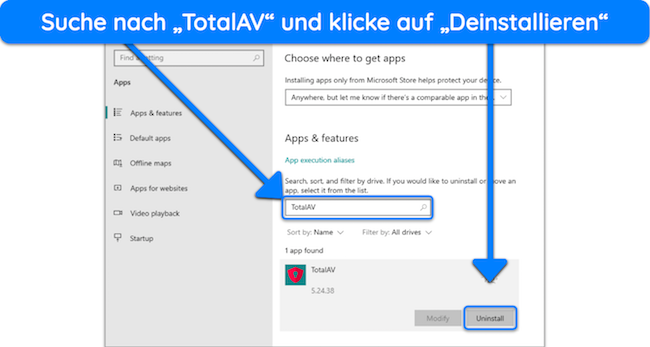 Screenshot, der zeigt, wie man TotalAV über das Menü „Apps & Funktionen“ deinstalliert
