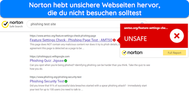 Screenshot von Norton, der eine Website hervorhebt, deren Besuch nicht sicher ist