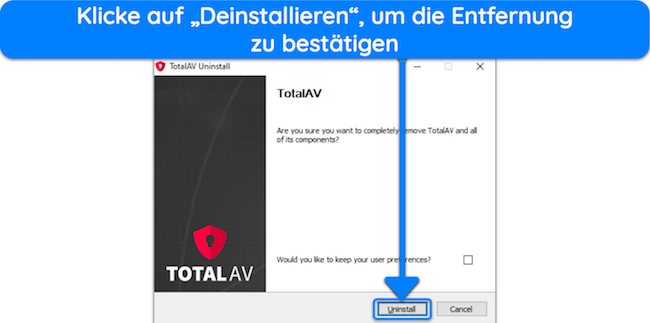 Screenshot, der zeigt, wie mit der Deinstallation von TotalAV begonnen wird