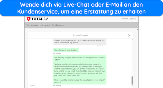 Screenshot eines Live-Chats, der eine Rückerstattung für ein gekündigtes TotalAV-Abonnement genehmigt