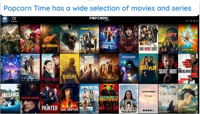 Screenshot of Popcorn Time's offer of recent movies and shows available for streaming