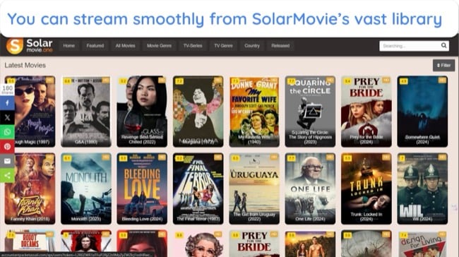 Screenshot of SolarMovies' home page showing different types of content.