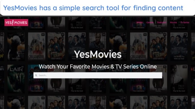 Screenshot showing YesMovies' search bar for finding movies and TV shows.