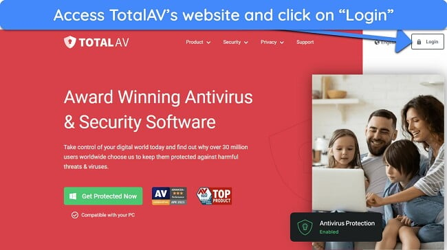 Screenshot showing how to access the login form on TotalAV's website