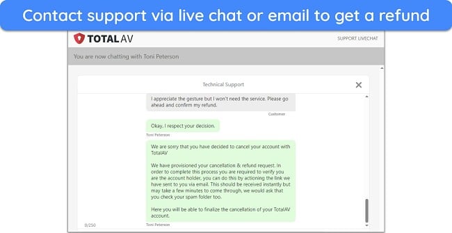 Screenshot of live chat approving a refund for a cancelled TotalAV subscription