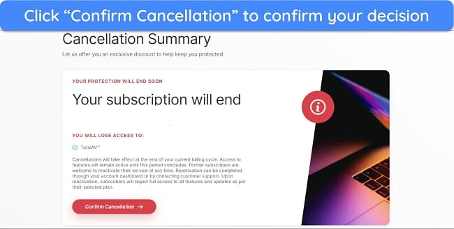 Screenshot showing the final confirmation before cancelling your TotalAV account