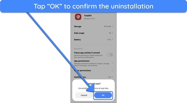 Screenshot showing how to confirm TotalAV's uninstallation from Android