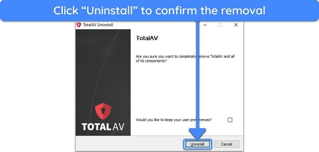 Screenshot showing how to begin TotalAV's uninstallation