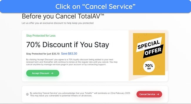 Screenshot of a discount offer before cancelling TotalAV