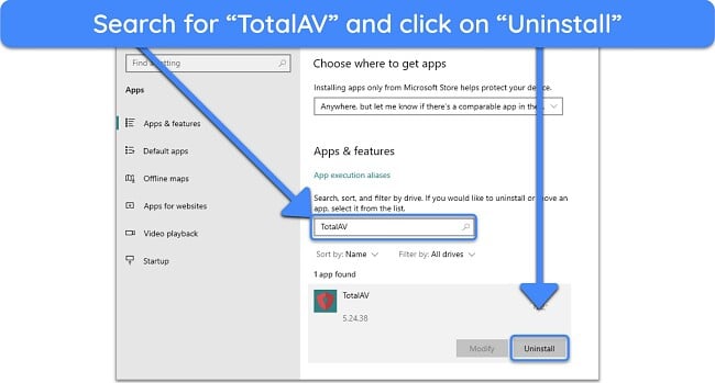 Screenshot showing how to uninstall TotalAV via the Apps & features menu