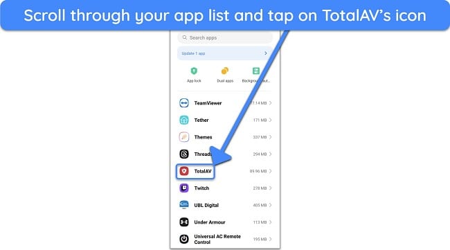 Screenshot showing TotalAV in Android's installed apps