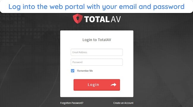 Screenshot showing the login form on TotalAV's website