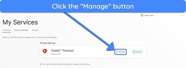 Screenshot showing how to manage an active TotalAV subscription