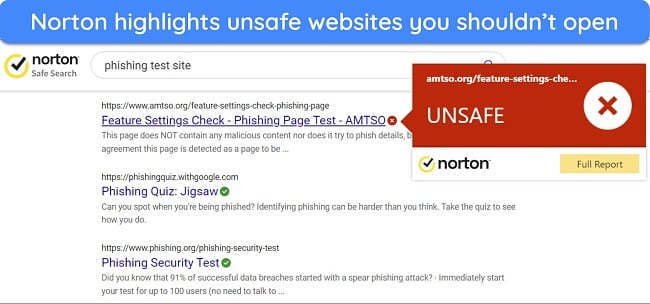 Screenshot of Norton highlighting a website that isn't safe to visit