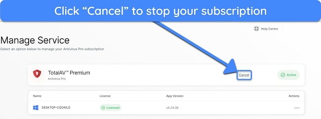 Screenshot showing how to start the cancellation process for your TotalAV subscription