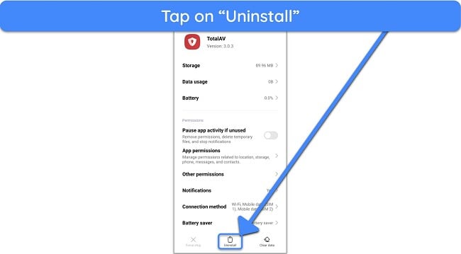 Screenshot showing how to uninstall TotalAV from Android