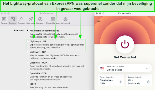 Screenshot van de protocollijst van ExpressVPN