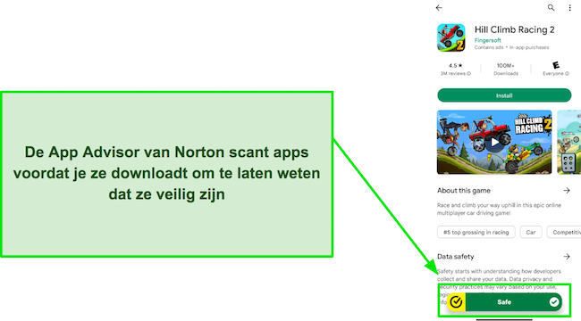 Schermafbeelding van Norton's App Advisor waarin wordt benadrukt dat een app veilig is