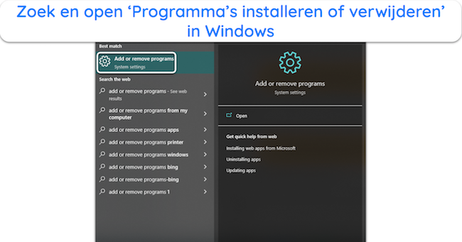 Schermafbeelding die laat zien hoe u het Windows-menu Apps en functies opent
