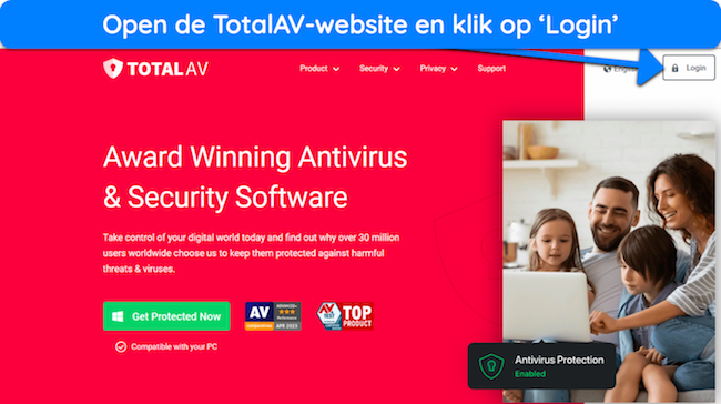 Schermafbeelding die laat zien hoe u toegang krijgt tot het inlogformulier op de website van TotalAV