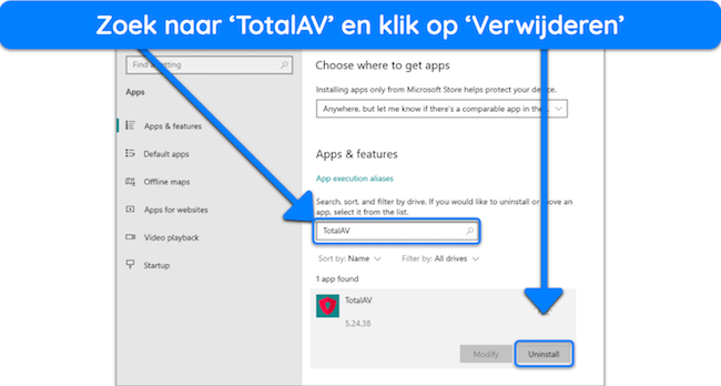 Schermafbeelding die laat zien hoe u TotalAV kunt verwijderen via het menu Apps en functies