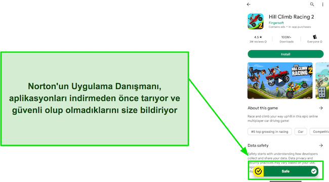 Norton Uygulama Danışmanı'nın bir uygulamanın güvenli olduğunu vurgulayan ekran görüntüsü