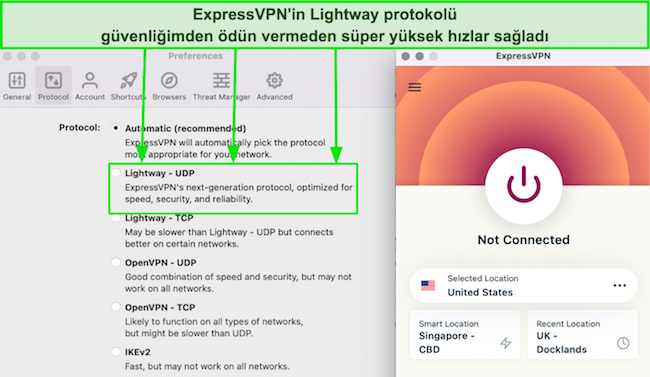 ExpressVPN'in protokol listesinin ekran görüntüsü