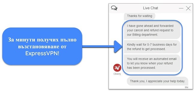 Екранна снимка на потребител, който успешно иска възстановяване на средства от ExpressVPN чрез чат на живо с 30-дневна гаранция за връщане на парите