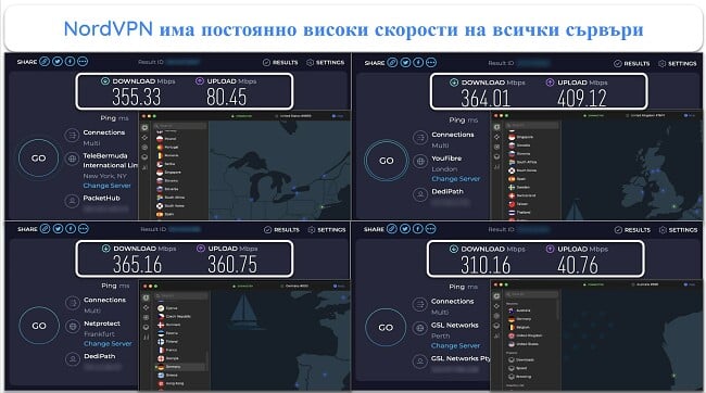 Екранна снимка на резултатите от теста за скорост на NordVPN в Обединеното кралство, Франция, Нова Зеландия и САЩ