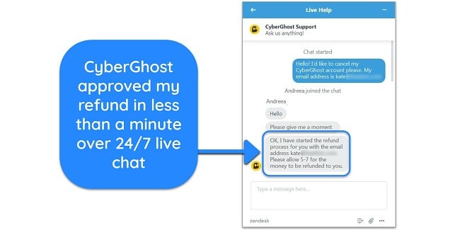 CyberGhost’s live chat support makes it easy to get a refund