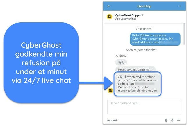 Skærmbillede af en bruger, der har anmodet om en refusion fra CyberGhost over live chat med 45-dages pengene-tilbage-garanti