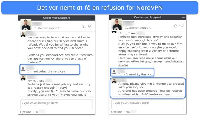 Skærmbillede af en bruger, der har anmodet om en refusion fra NordVPN via live chat med 30-dages pengene-tilbage-garanti