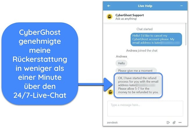 Screenshot eines Benutzers, der über einen Live-Chat erfolgreich eine Rückerstattung von CyberGhost mit der 45-tägigen Geld-zurück-Garantie beantragt