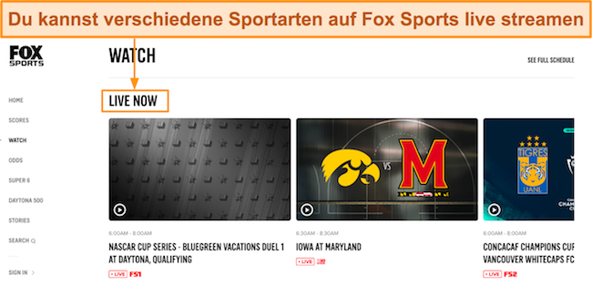 Screenshot des Abschnitts „Jetzt live“ auf der FOX Sports-Homepage mit verschiedenen Live-Streams