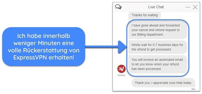 Screenshot eines Benutzers, der über einen Live-Chat erfolgreich eine Rückerstattung von ExpressVPN mit der 30-tägigen Geld-zurück-Garantie beantragt