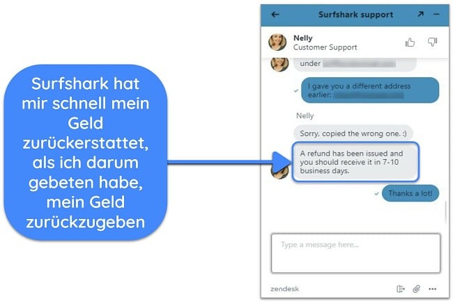 Screenshot eines Benutzers, der im Live-Chat erfolgreich eine Rückerstattung von Surfshark mit der 30-tägigen Geld-zurück-Garantie beantragt