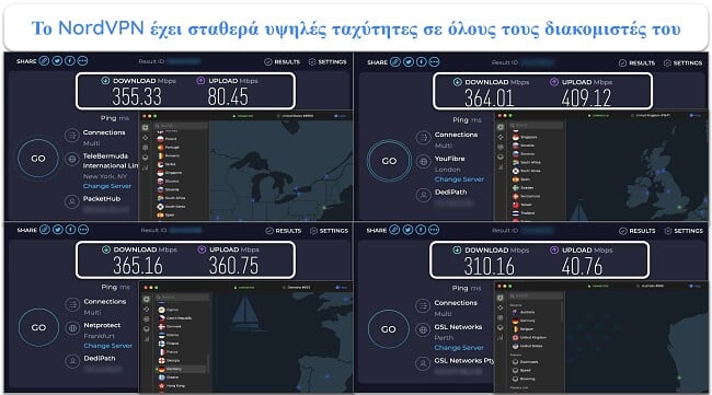 Στιγμιότυπο οθόνης των αποτελεσμάτων δοκιμής ταχύτητας NordVPN στο Ηνωμένο Βασίλειο, τη Γαλλία, τη Νέα Ζηλανδία και τις ΗΠΑ