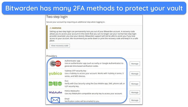 Screenshot of Bitwarden's two-factor authentication options showing on its web portal