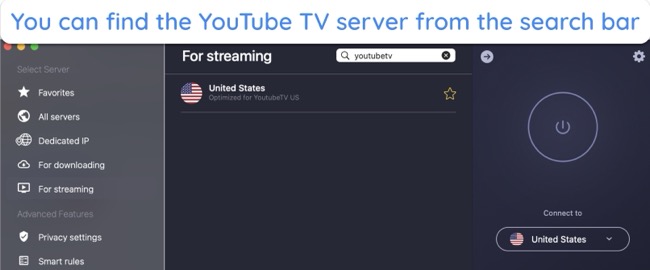 Screenshot of CyberGhost's YouTube TV server under the For streaming tab of its macOS app