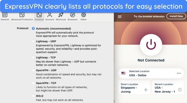 Screenshot of ExpressVPN's list of protocols, currently set to 'Automatic'