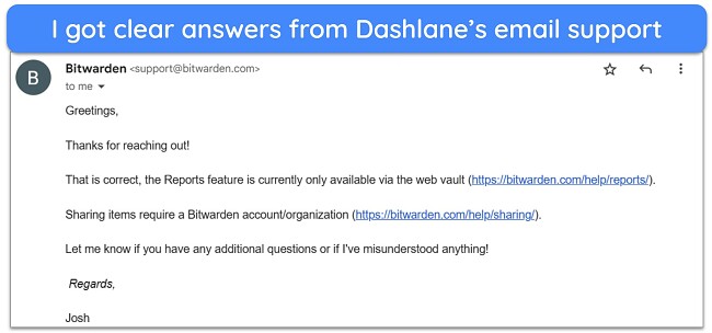 Screenshot of Bitwarden's support team reaching out to resolve a query via email