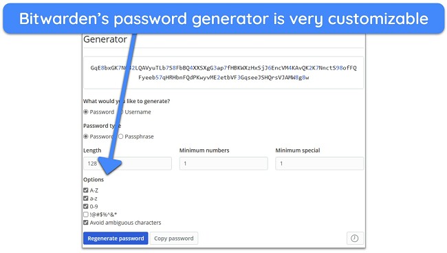 Screenshot of Bitwarden's password generator and how to set parameters