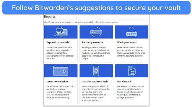 Screenshot of Bitwarden's 'Report' feature identifying weak passwords and other vault vulnerabilities