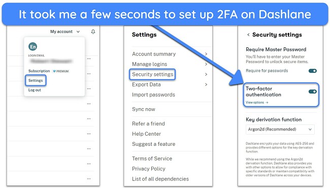 Screenshot of how to set up 2FA on Dashlane