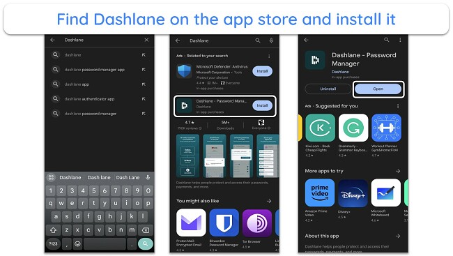 Screenshot of how to find and install Dashlane's app on the Google Play Store