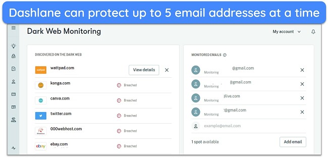 Screenshot of Dashlane's dark web monitoring identifying breached logins and showing a list of monitored email addresses