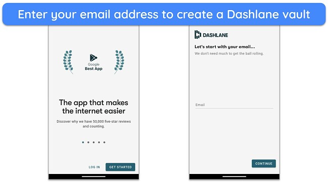 Screenshot of Dashlane's Get Started menu prompting to enter email address to create a vault