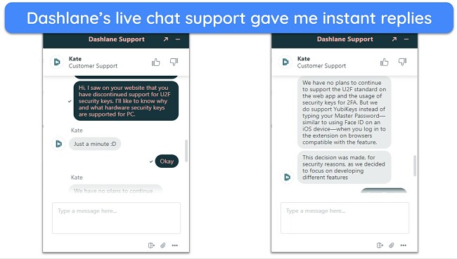 Screenshot of Dashlane's live chat support agent giving prompt and detailed replies to questions