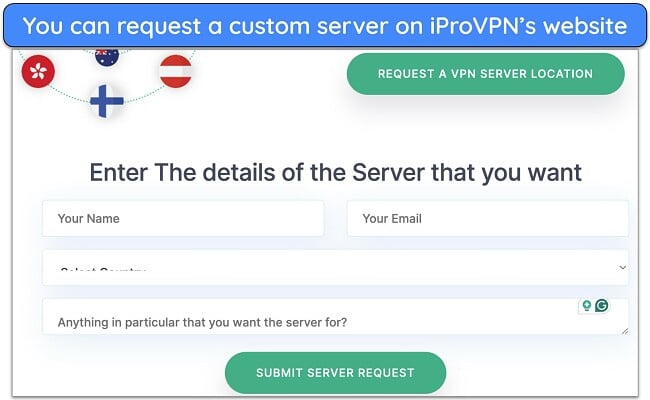 Screenshot of how to request a custom VPN server on iProVPN's website