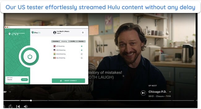 Screenshot shows iProVPN successfully allowing our US tester to watch Hulu content